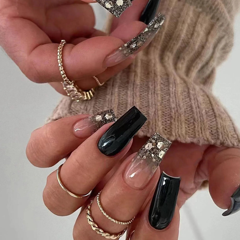 Black Ombre French Press-On Nails – Long Ballerina, 24 Pcs