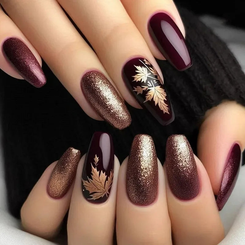 24pcs/sest Short Medium fake nails for women girls colorful flowers Mushroom beach for Summer Autumn Press on false nail tips