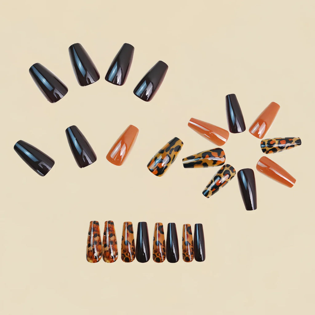 Medium long fake nails for women girls brown black brown leopard printing french Square ballet nail tips press on false nail art