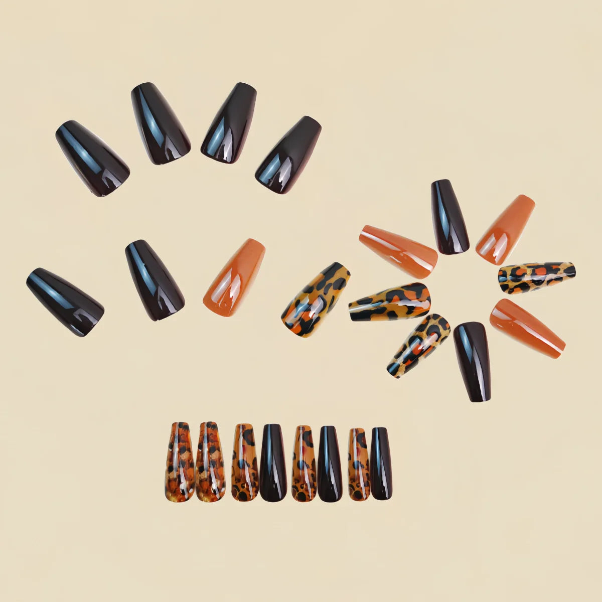 Medium long fake nails for women girls brown black brown leopard printing french Square ballet nail tips press on false nail art