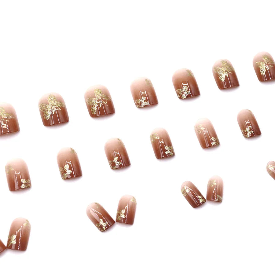 Short Medium Fake Nails Golden Leaf Flowers Butterfly for Spring Summer Full Cover Square Nail Tips Press On Acrylic False Nail