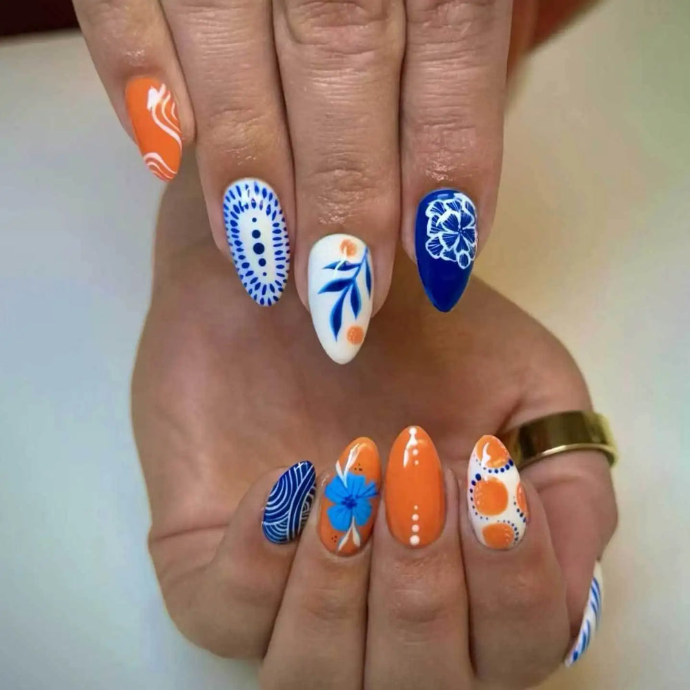 Cute Cartoon Oil Painting Press-On Nails – Almond, 24 Pcs