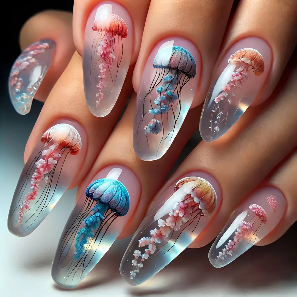 Blue Ocean Fish & Jellyfish Press-On Nails – Medium Long, 24 Pcs