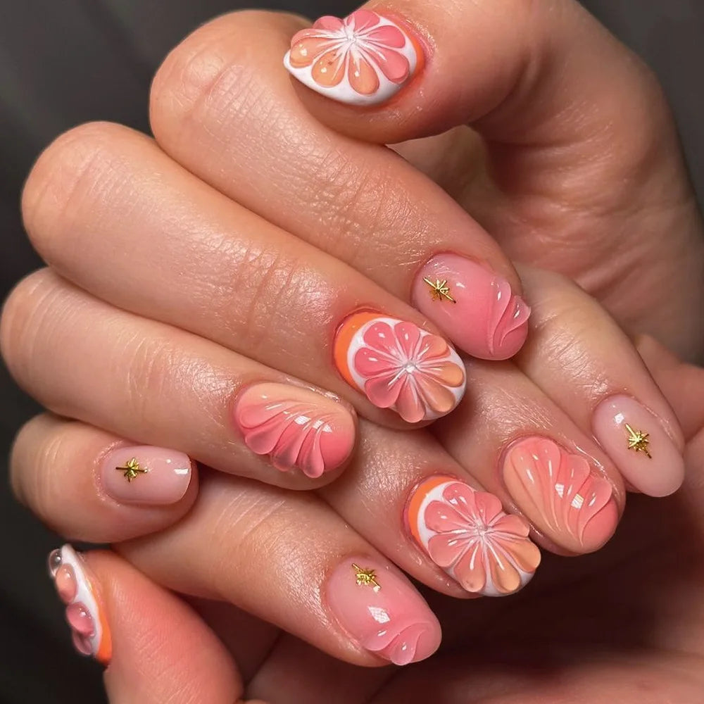 Short fake nails for women gilrs gradient orange pink 3D embossed flowers fruit design for Spring summer press on nails art