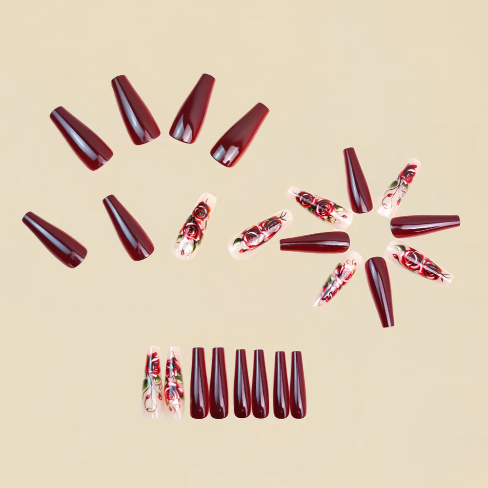 Grey & Red Rose Valentine's Ballet Press-On Nails – Long