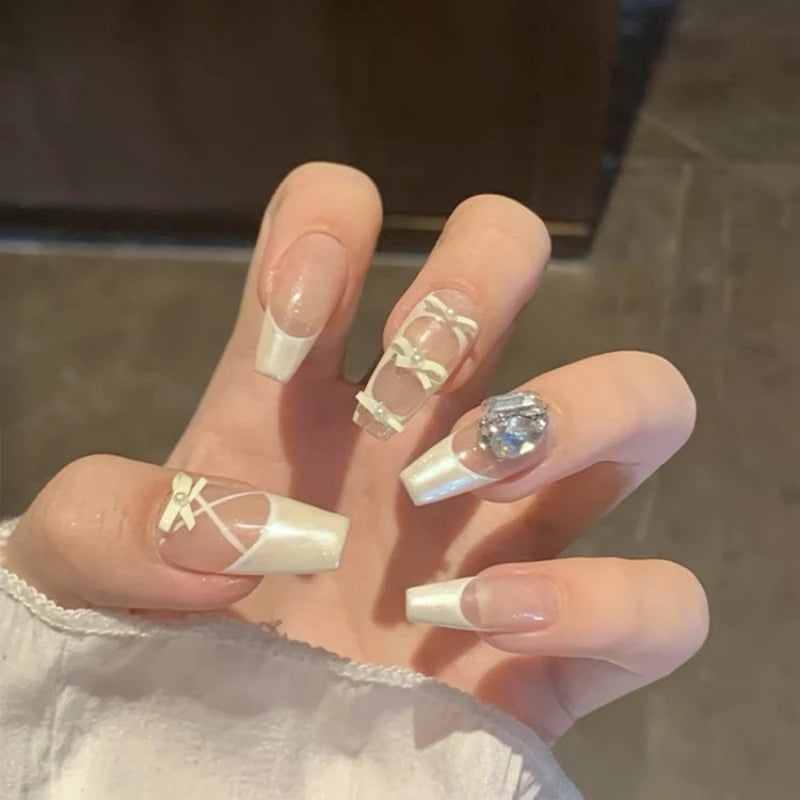 Pink Ballet Bow Handmade Press-On Nails – Coffin, 24 Pcs