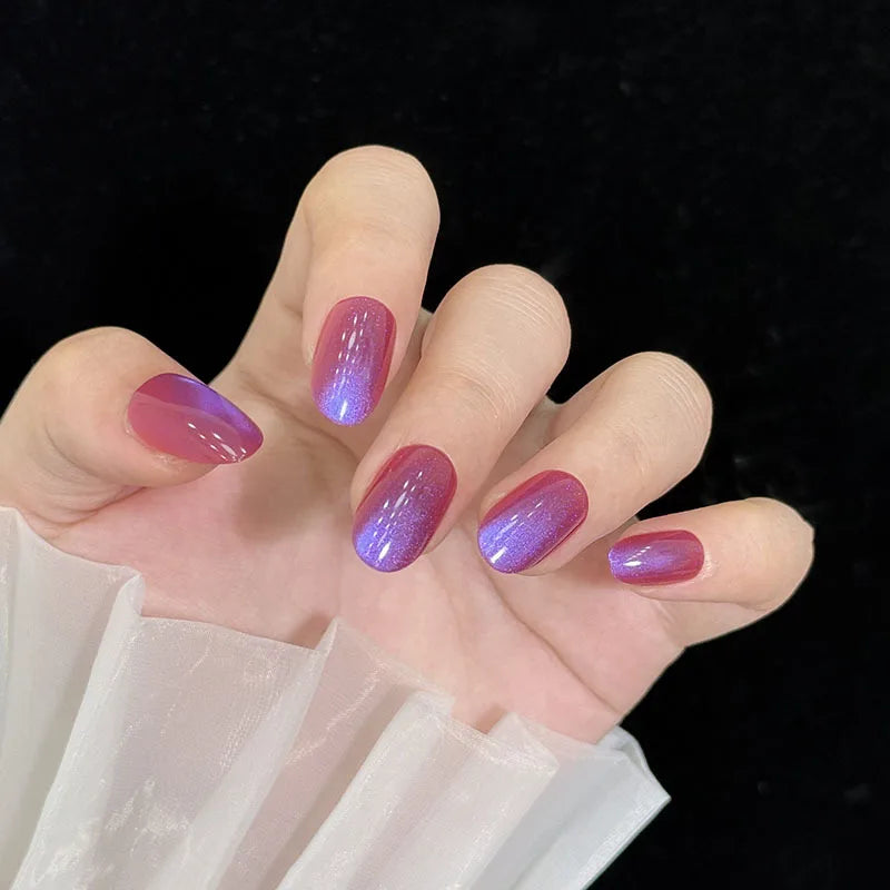 Cat-Eye Flash Gradient Press-On Nails – Pink Yellow Blue Purple, Short/Medium Square