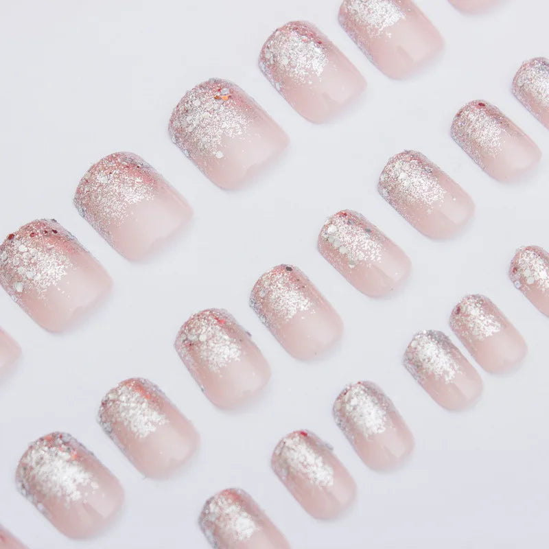 Short fake nails for women girls nude pink with Sparkling glitters design full cover square nail tips press on false nail art
