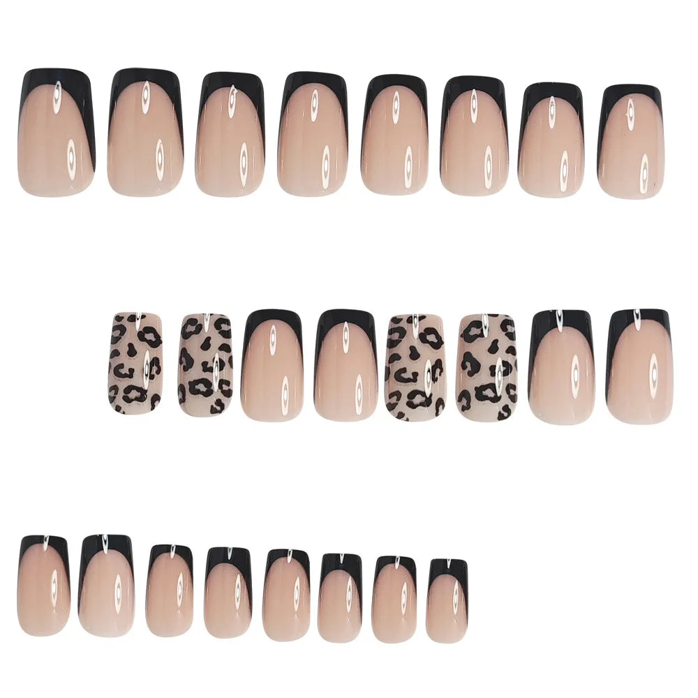 Short Medium fake nails for women girls nude brown black square nail tips with leopard print full cover press on false nail art