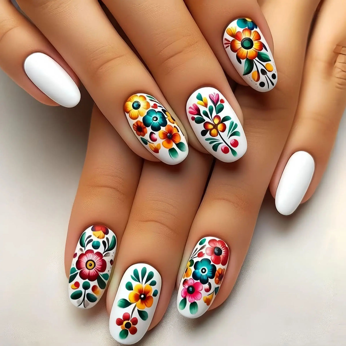 Medium long fake nails Spring summer flowers leaf tree gradient pink orange blue Y2K french nail tips press on false nail art