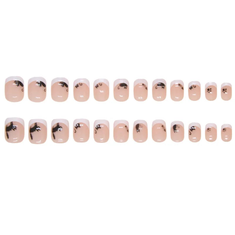Short Square fake nails nude nail tips with french style white edge cartoon black cat print for halloween press on false nails