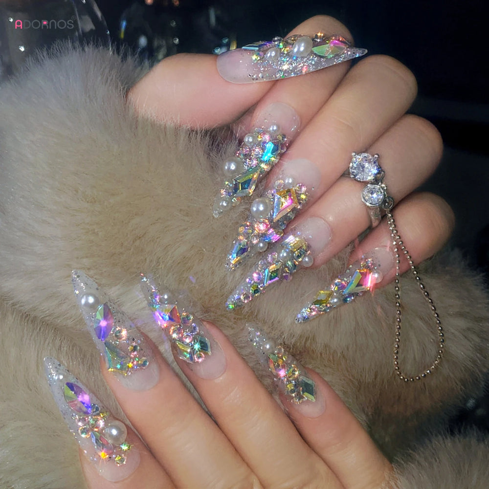 Full Rhinestone Sparkle Press-On Nails – Long Coffin, 24 Pcs