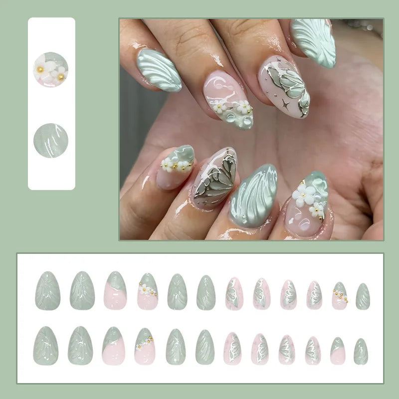 Short fake nails  for women nude green almond nail tips with 3D white flowers design full cover reusable press on false nail