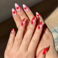 Medium Almond Fake Nails for Women Girls Red Pink Heart with Polka Dots Design for Valentine's Day Manicure Press On False Nail