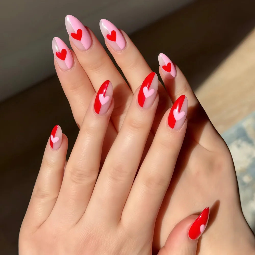 Medium Almond Fake Nails for Women Girls Red Pink Heart with Polka Dots Design for Valentine's Day Manicure Press On False Nail
