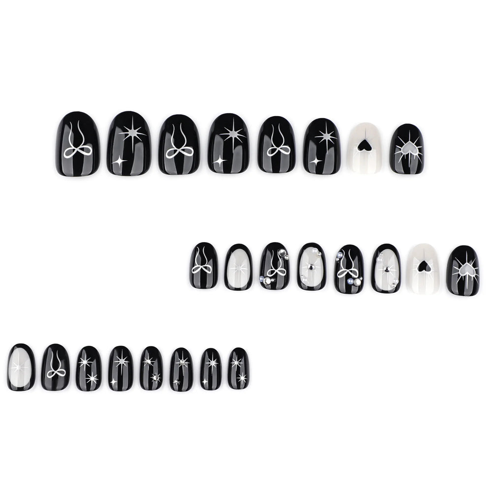 Gothic Black Silver Heart & Bow Press-On Nails – Short Almond, 24 Pcs