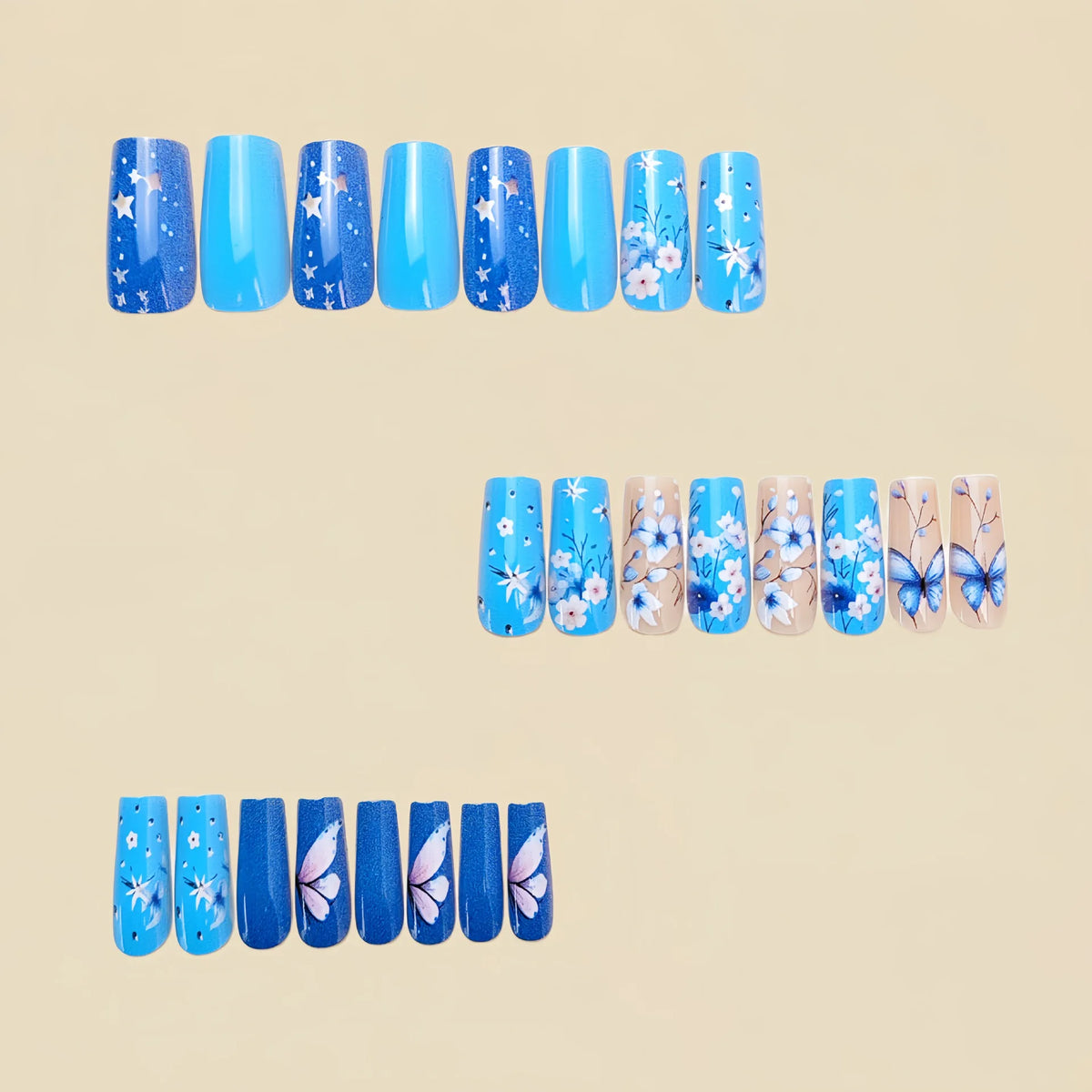 Medium fake nails for women Nude blue colors with flowers butterfly printing Square nail tips full cover press on false nail art
