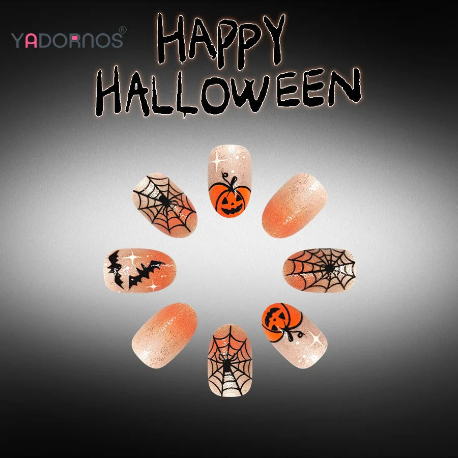Orange Ombre Glitter Pumpkin & Bat Press-On Nails – Almond, 24 Pcs