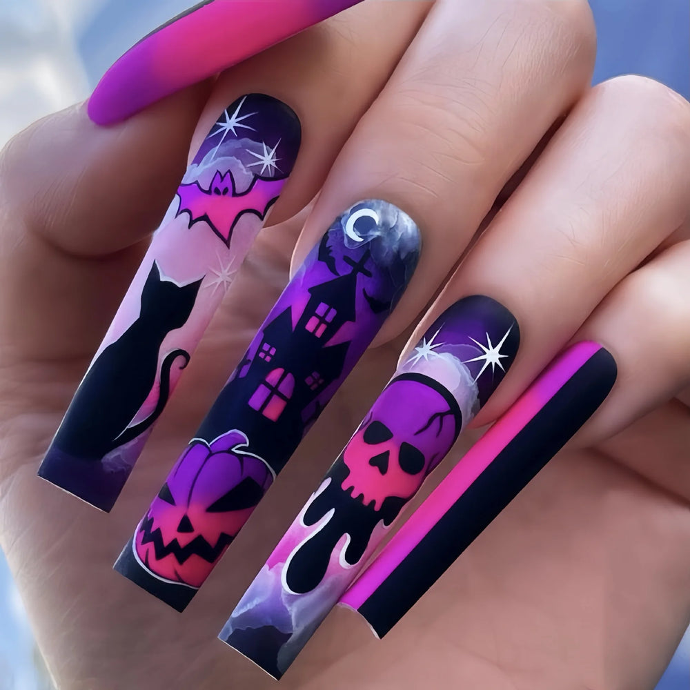 Neon Graffiti Halloween French Press-On Nails – Long Coffin, 24 Pcs