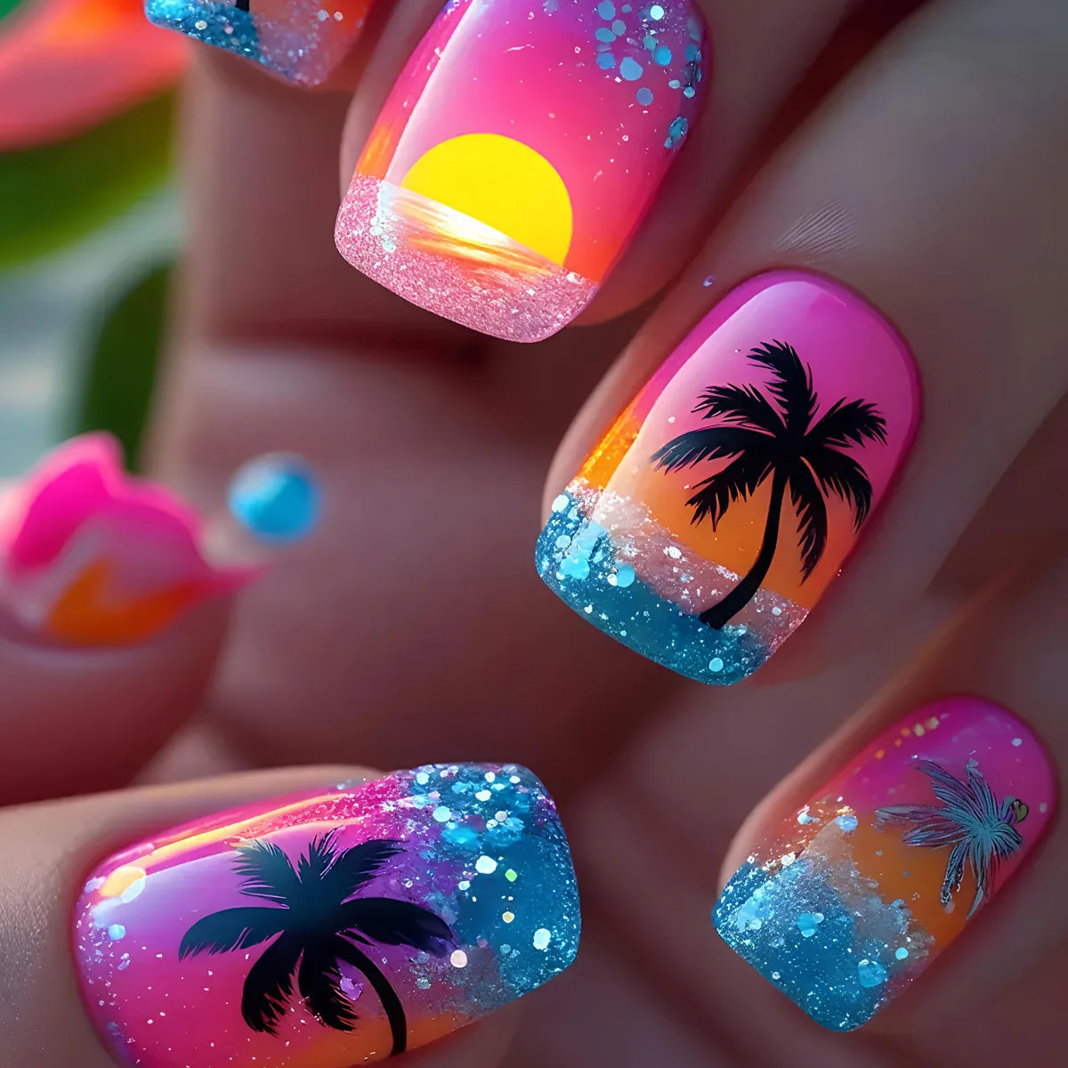 24pcs/set Short Medium Long Fake Nails Gradient Purple Yellow Blue Sunset Y2K Square Almond Summer Tips Press On False Nails Art