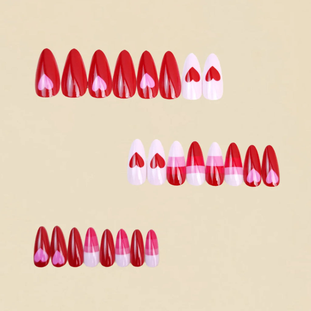 Medium long fake nails for women girls black red heart designs for Valentine's Day ballet almond nail tips press on false nail