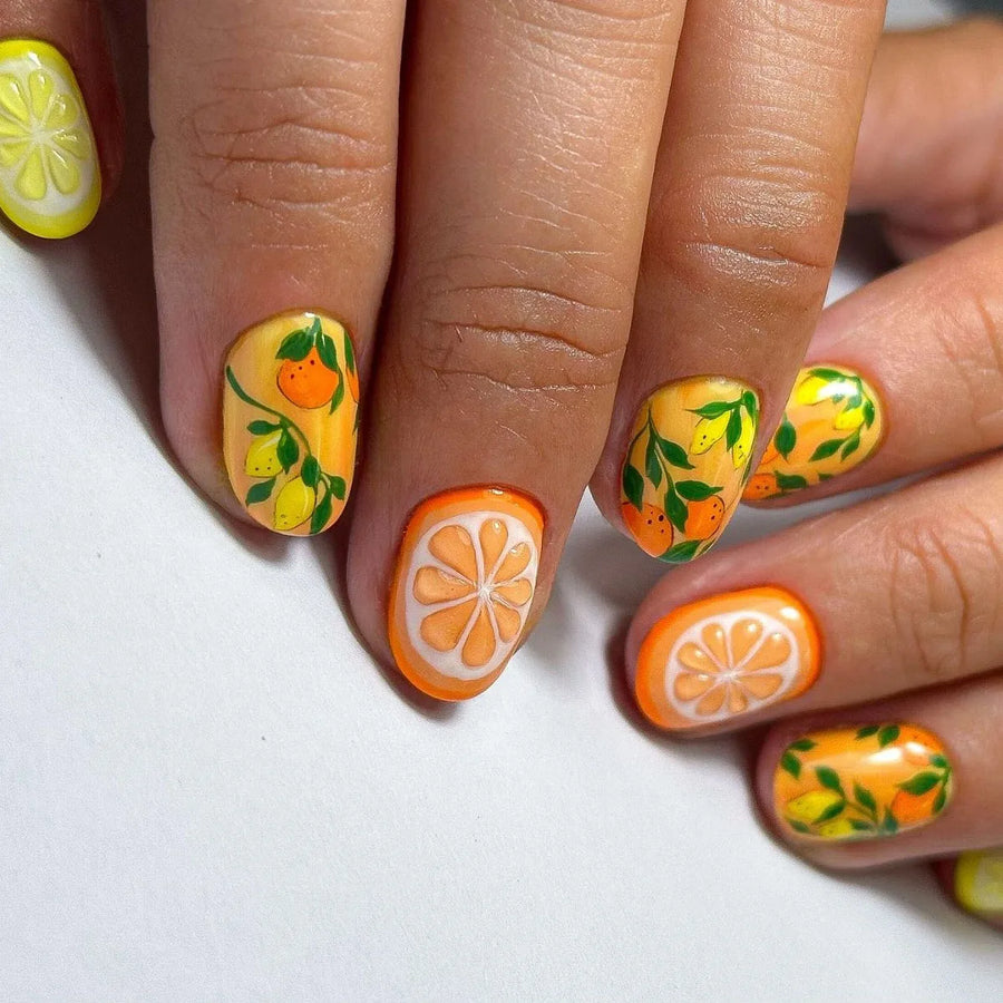 Yellow & Orange Fruit Print Press-On Nails – Short Square