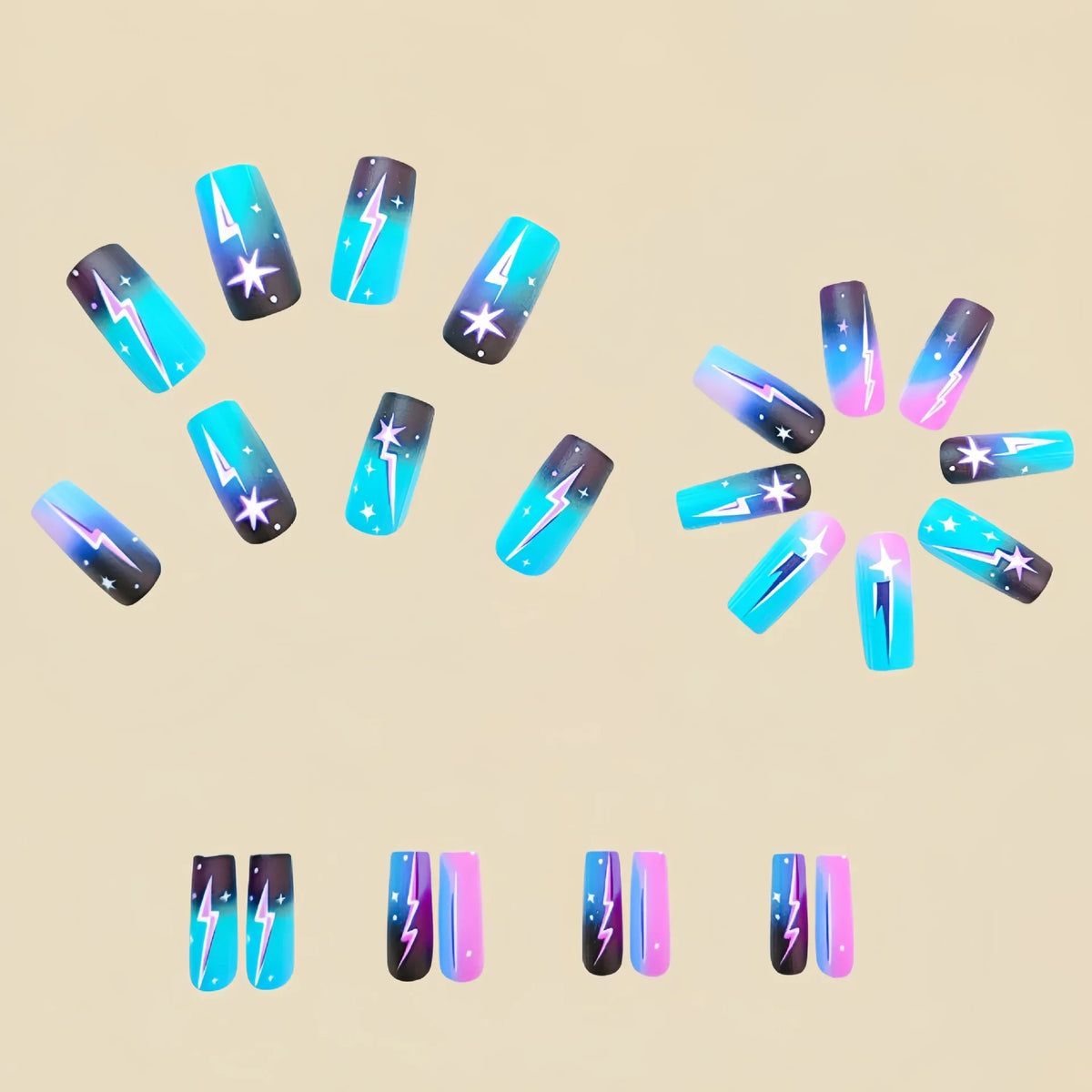 Medium long fake nails for women Y2K colors gradient green blue black starry lightning design full cover press on false nail