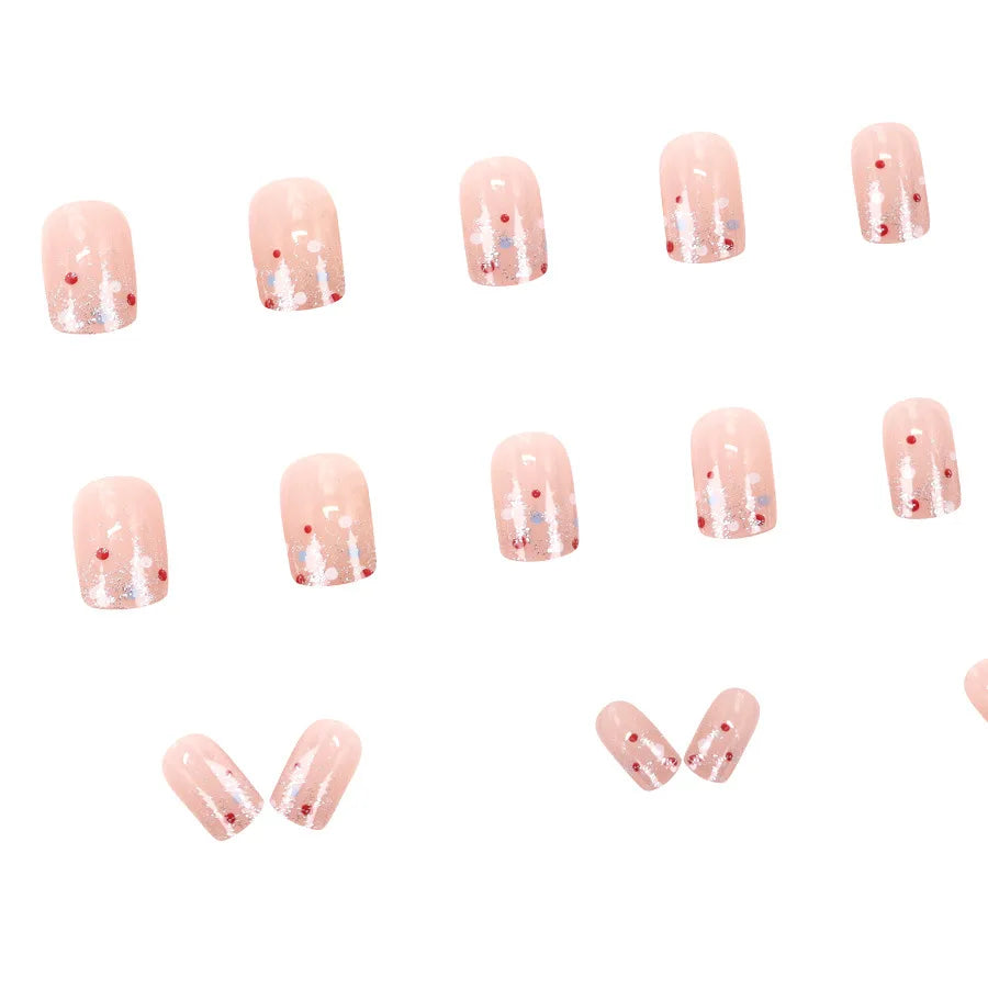 Short fake nails for women girls nude pink with Sparkling glitters design full cover square nail tips press on false nail art