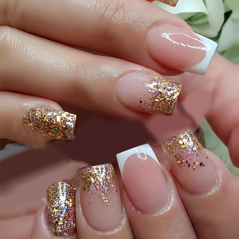 Nude White Brown Gradient Glitter French Press-On Nails – Short Square