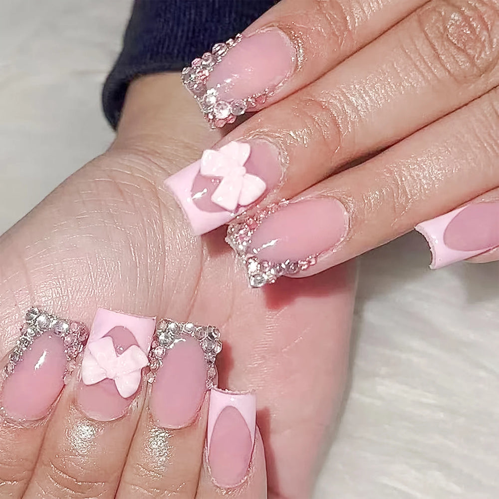 Nude Pink 3D Bow French Press-On Nails – Long Square, 24 Pcs