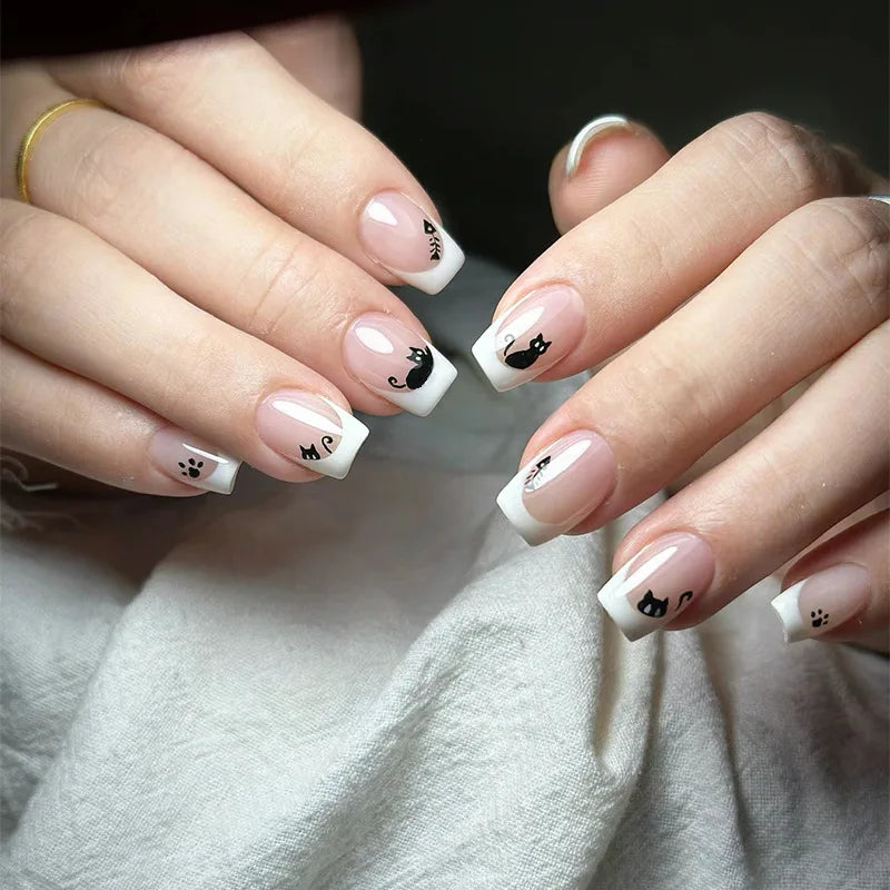 Short Square fake nails nude nail tips with french style white edge cartoon black cat print for halloween press on false nails