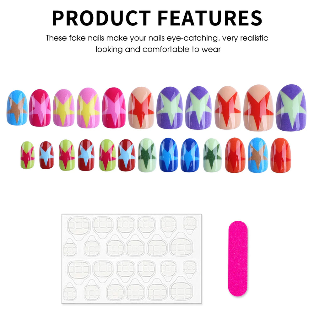 Dopamine Color Star 3D Press-On Nails – Short Square, 24 Pcs