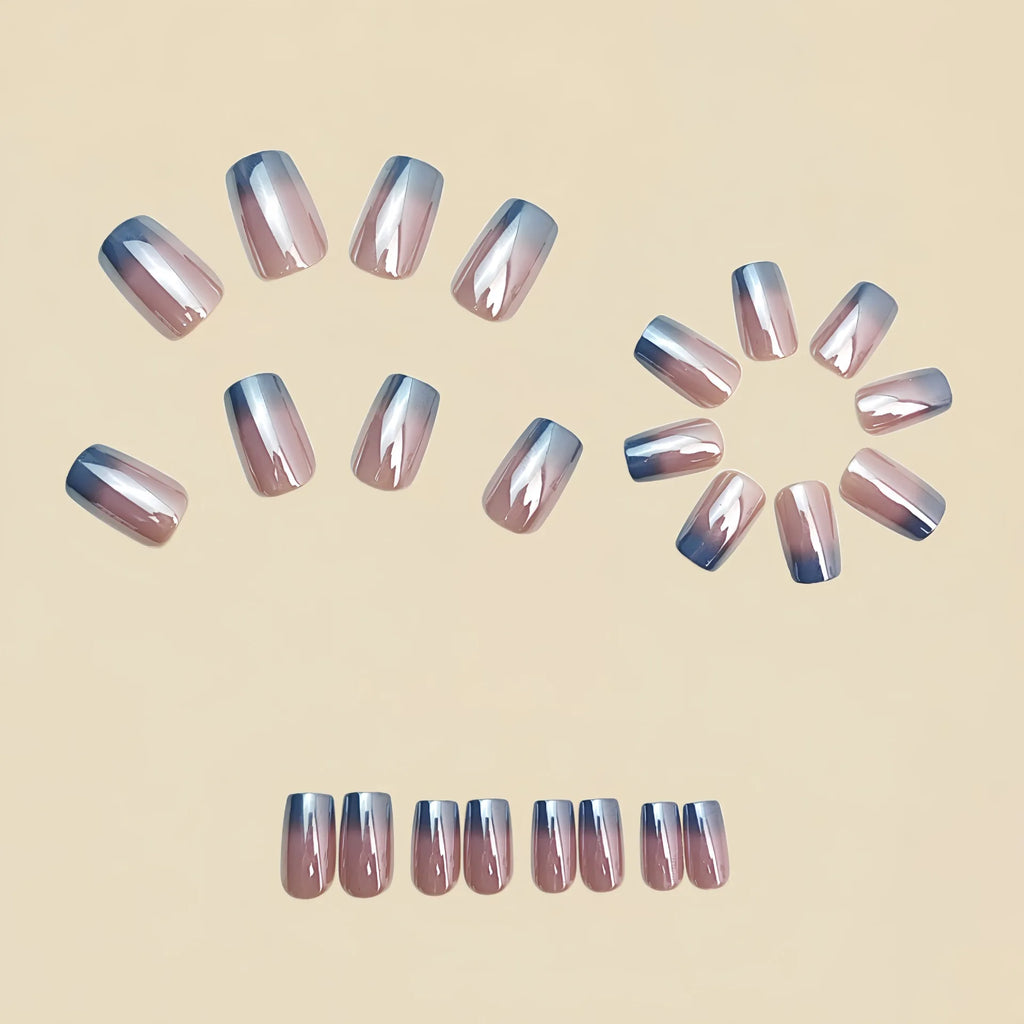 Medium long fake nails for women Gradient nude grey colors Holographic Plated french square style reusable press on false nail
