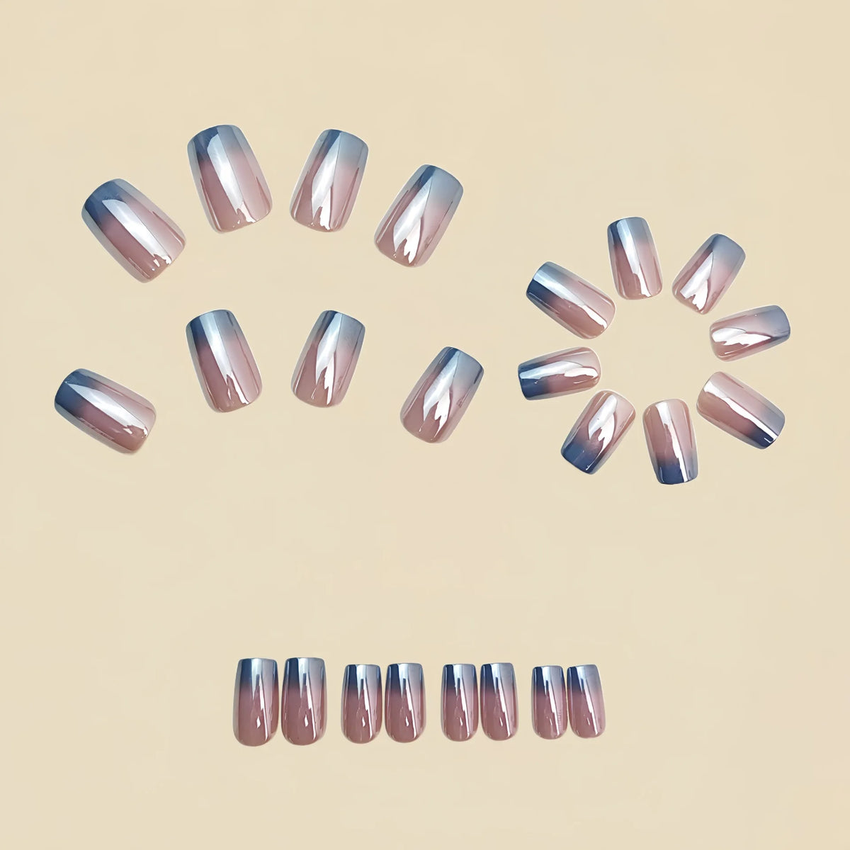 Medium long fake nails for women Gradient nude grey colors Holographic Plated french square style reusable press on false nail