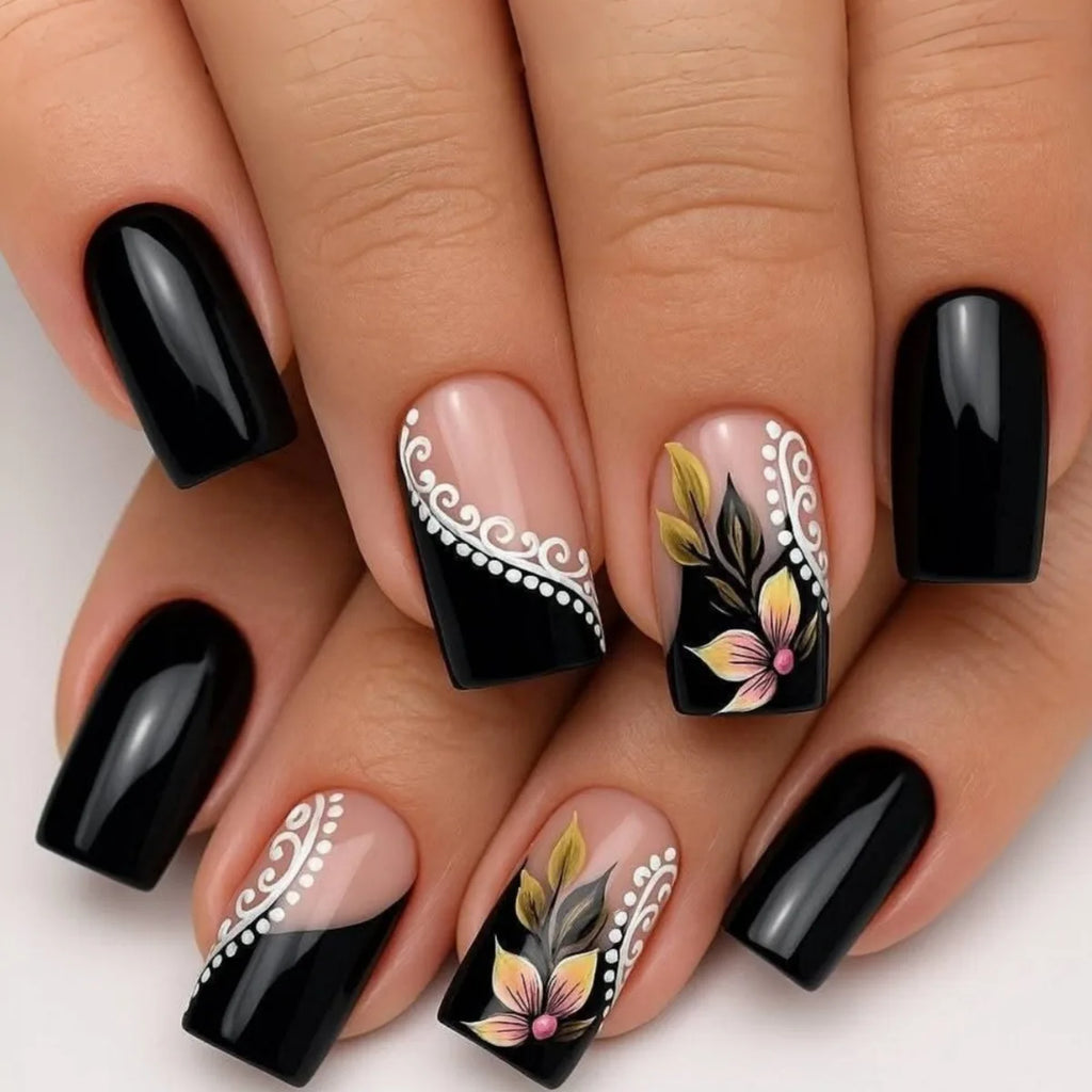 Medium fake nails for women girls Spring summer flowers butterfly polka dots black blue french square nail tips press on nail
