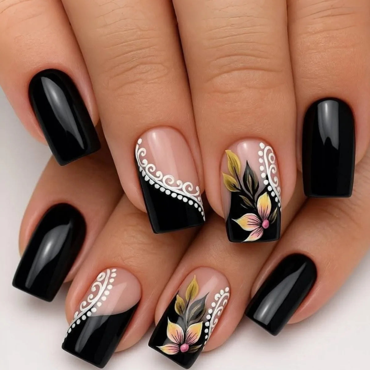 Medium fake nails for women girls Spring summer flowers butterfly polka dots black blue french square nail tips press on nail