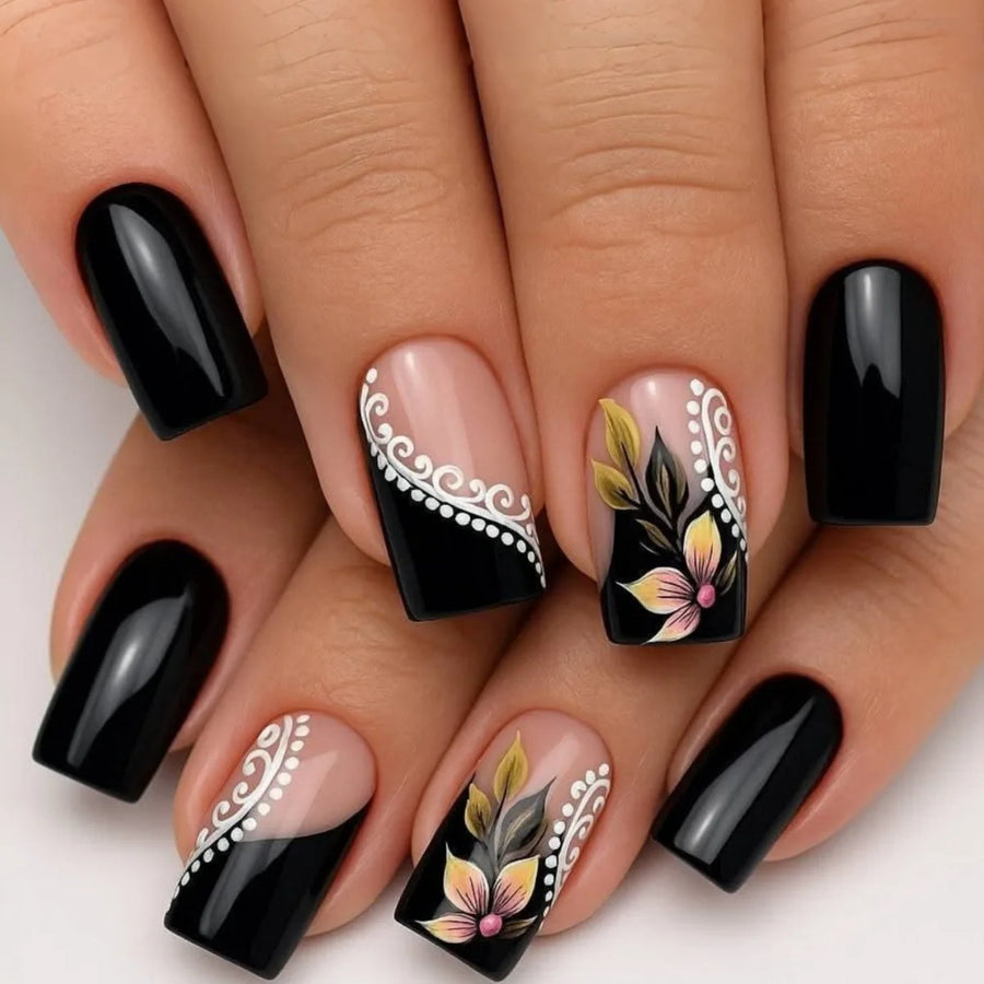 Black & Blue French Square Press-On Nails – Butterfly Polka Dot, Medium