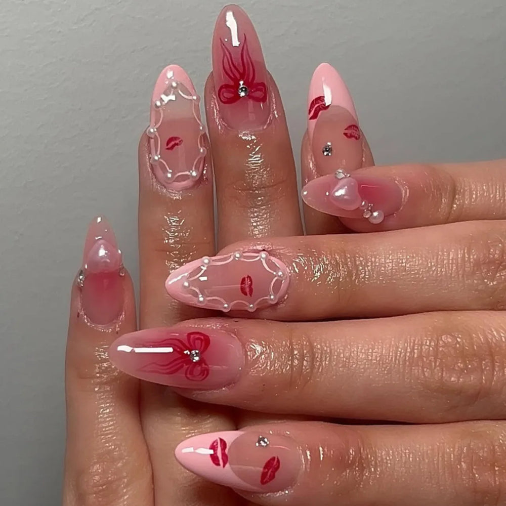 Cherry, Bow & Strawberry Blush Press-On Nails – Almond, 24 Pcs
