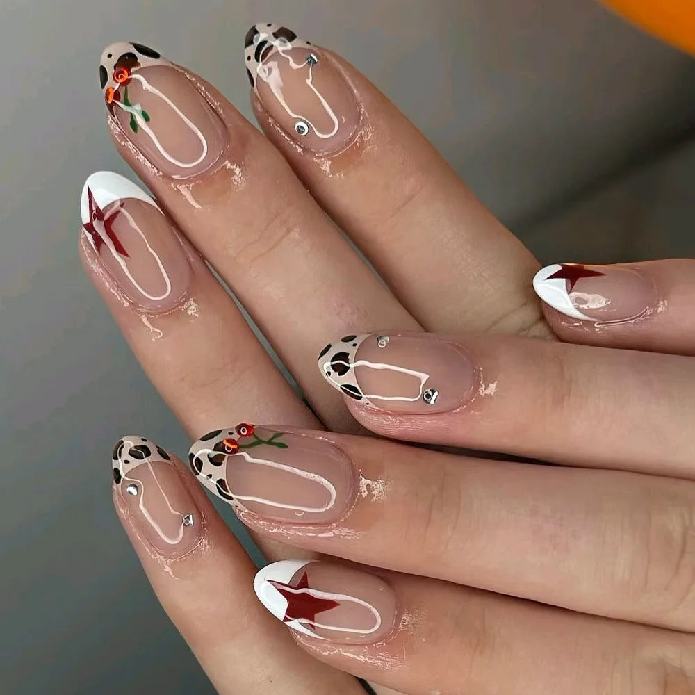 24pcs/set Medium long fake nails for summer season gradient dream blue golden Pink flash star wave lines press on false nail art
