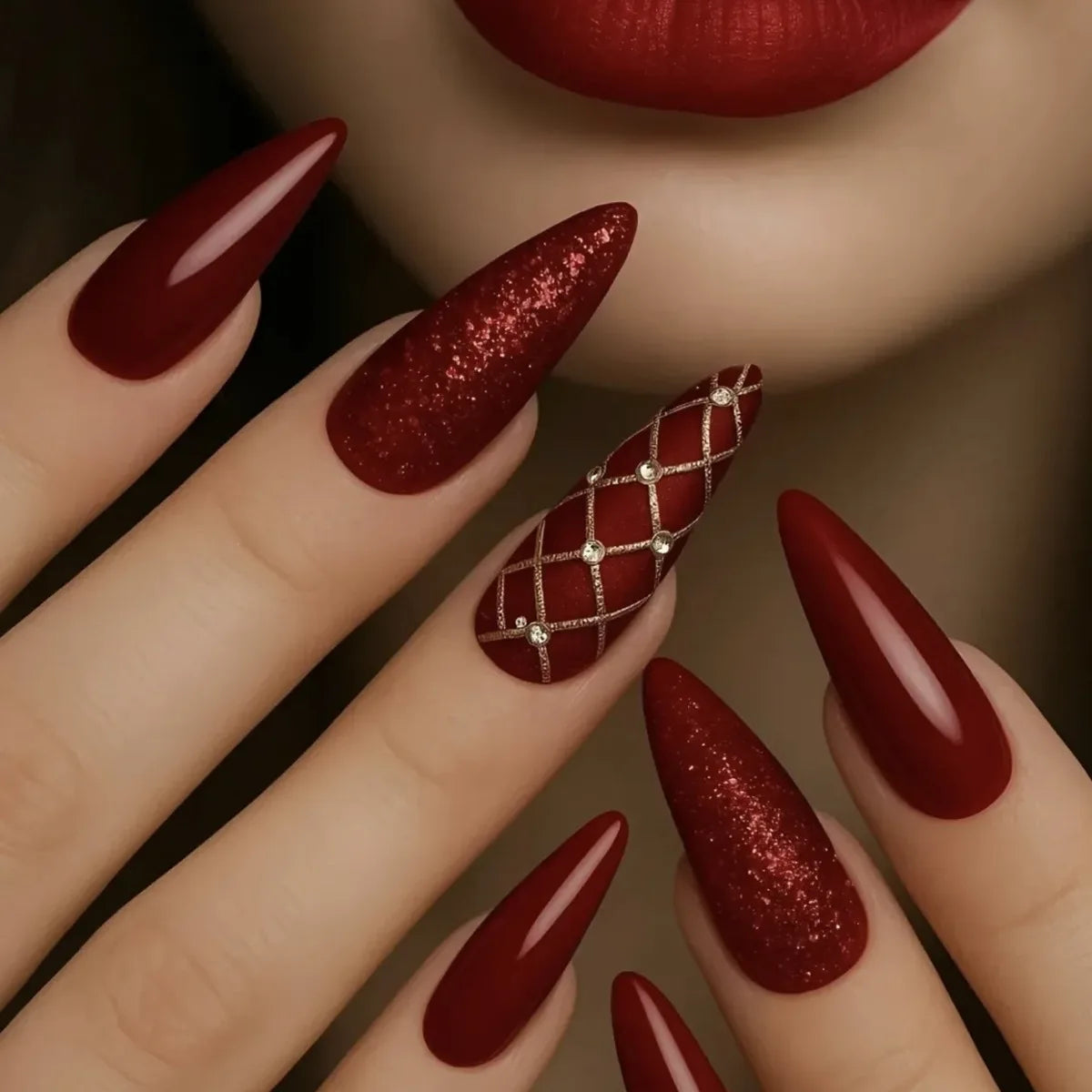 Medium Long Fake Nails for Women Girl Sparkling Glitter Red Nail Tips for New Year Party Almond Square Shape Press On False Nail