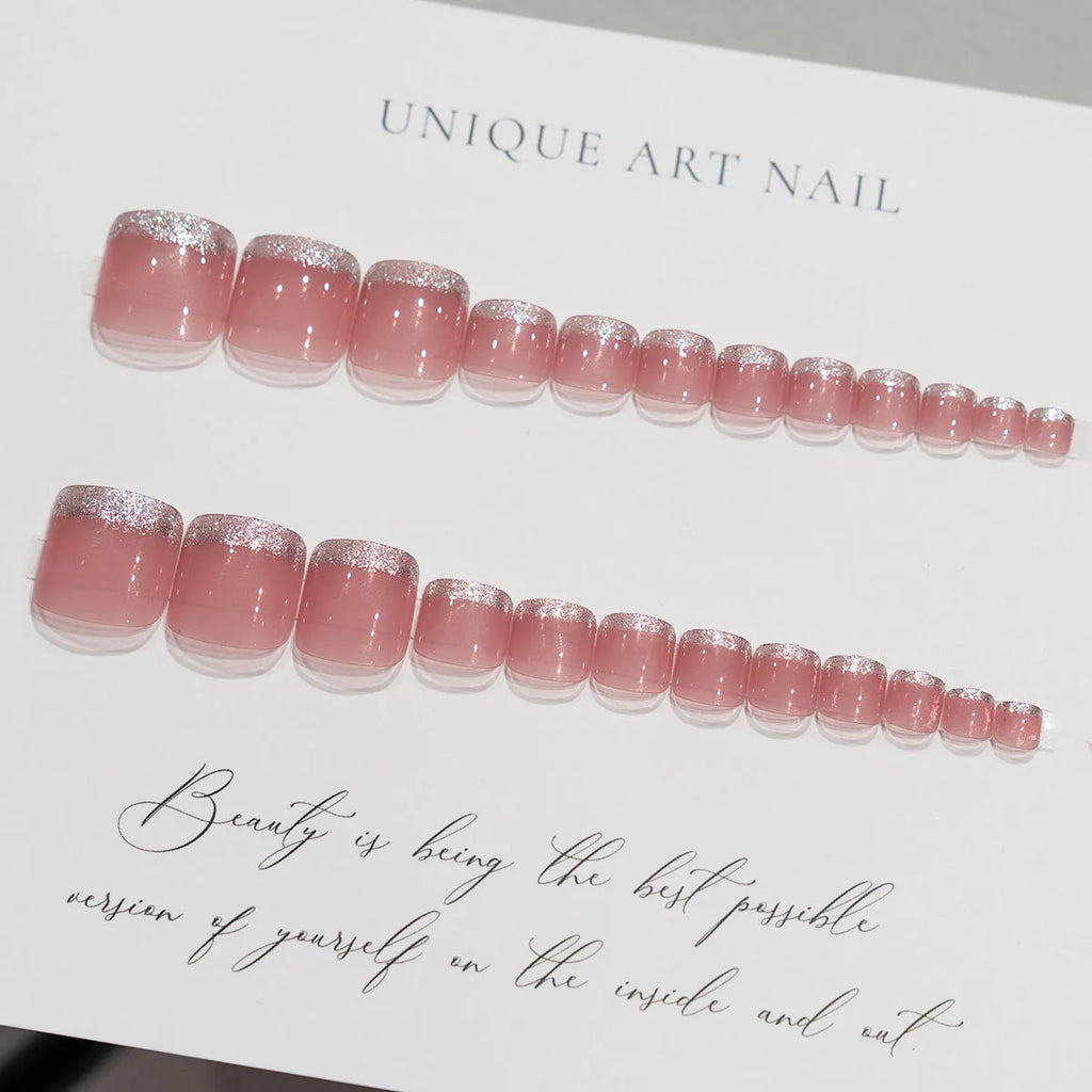 Short Square Fake Nails for Toe Purple Pink Beige Colors with Sparkling Glitters Spring Summer Season Press On False Toenail