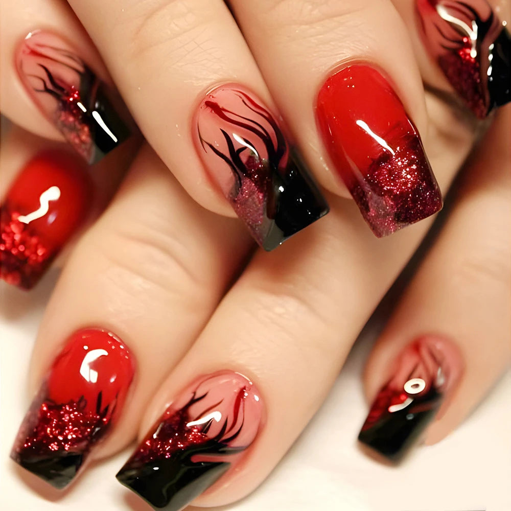 Short Medium fake nails for women Gradient red black colors flame glitters design square nail tips full cover press on nails art