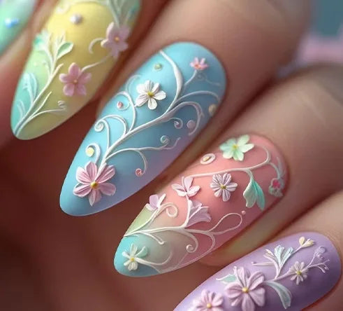 24/30pcs/set Medium Long Fake Nails 3D Flowers Butterfly Rhinestones for Spring Summer Golden Foil Nail Tips Press On False Nail