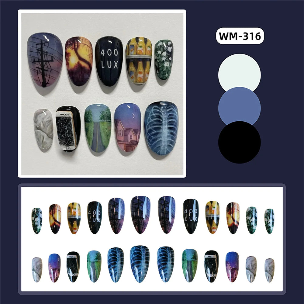 Moody Landscape Art Press-On Nails – Almond, 24 Pcs