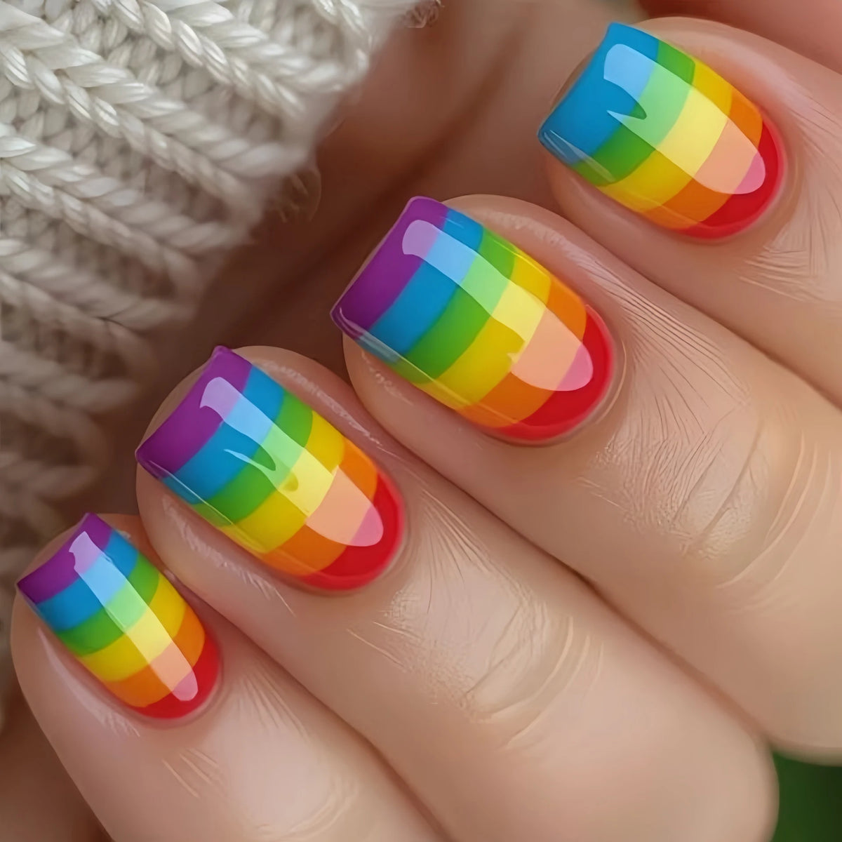 24pcs/set colorful fake nails Y2K yellow red blue purple green horizontal stripes Medium square shape press on fasle nail art