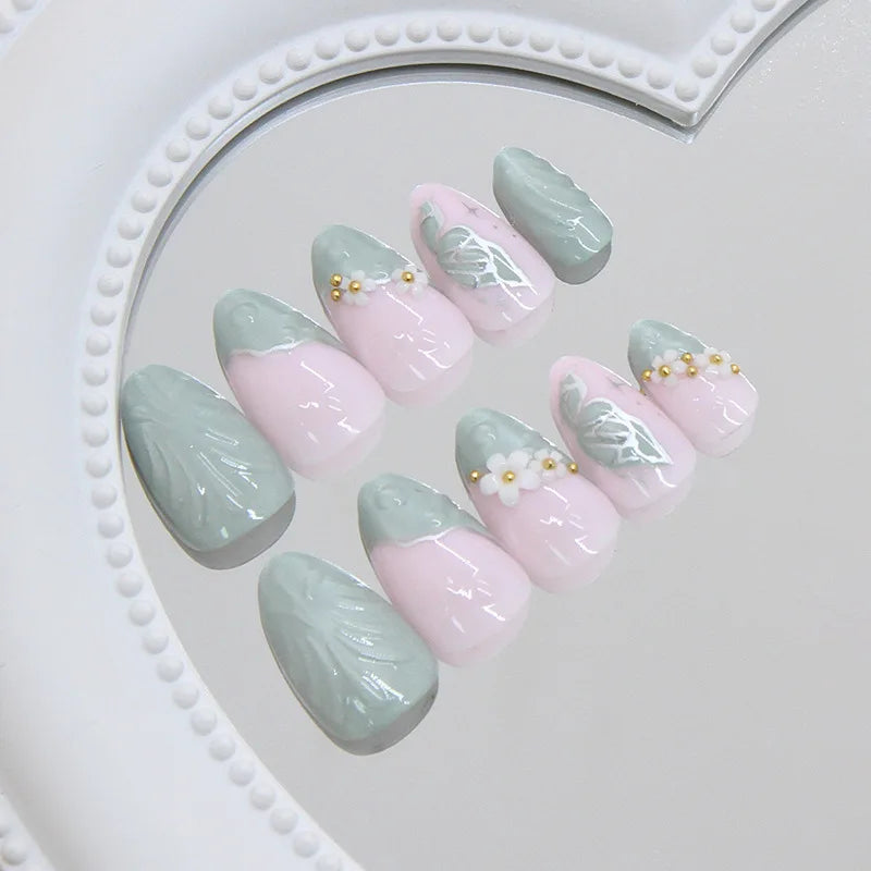 Short fake nails  for women nude green almond nail tips with 3D white flowers design full cover reusable press on false nail