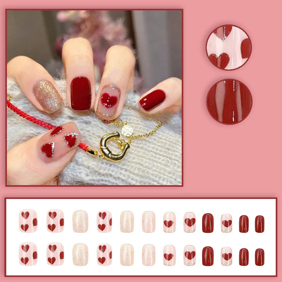 Short fake nails for women sparkling glitter or glossy cute red heart cherry design for Valentine's Day press on false nail