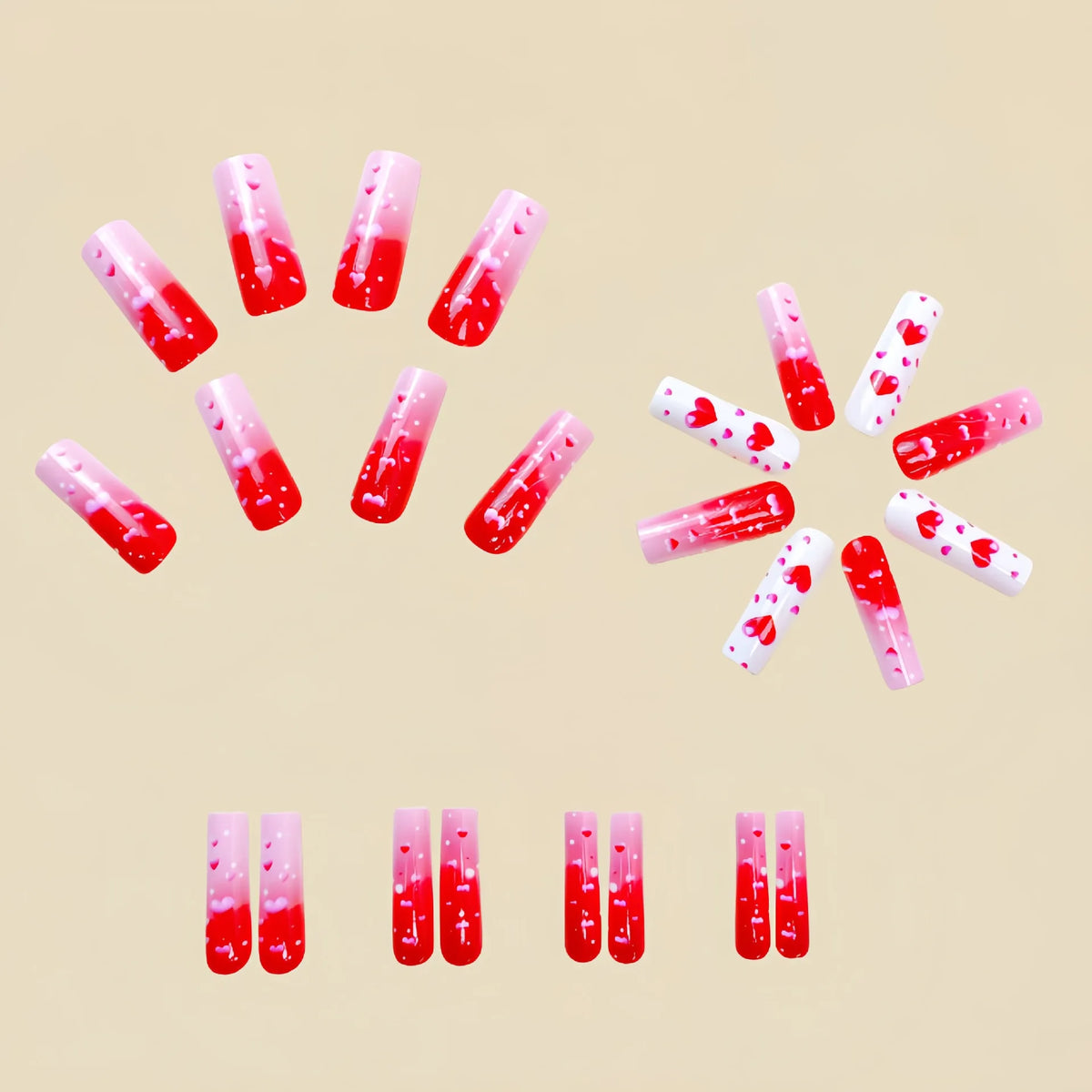 Long Gradient Pink And Red Heart square Shaped Nail Tips Press-On Fake Nails for Valentine's Day Wedding glossy Nail Art set
