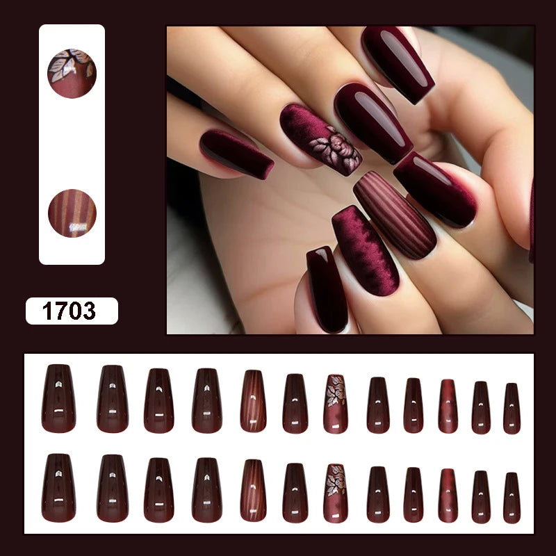 Medium fake nails for women girls dark red wine red glossy almond ballet nail tips with flowers design full cover press on nail