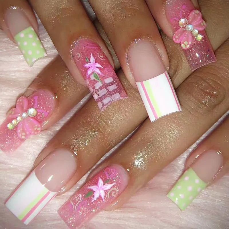 Pink Glitter Star & Bow Press-On Nails – Long Square, 24 Pcs